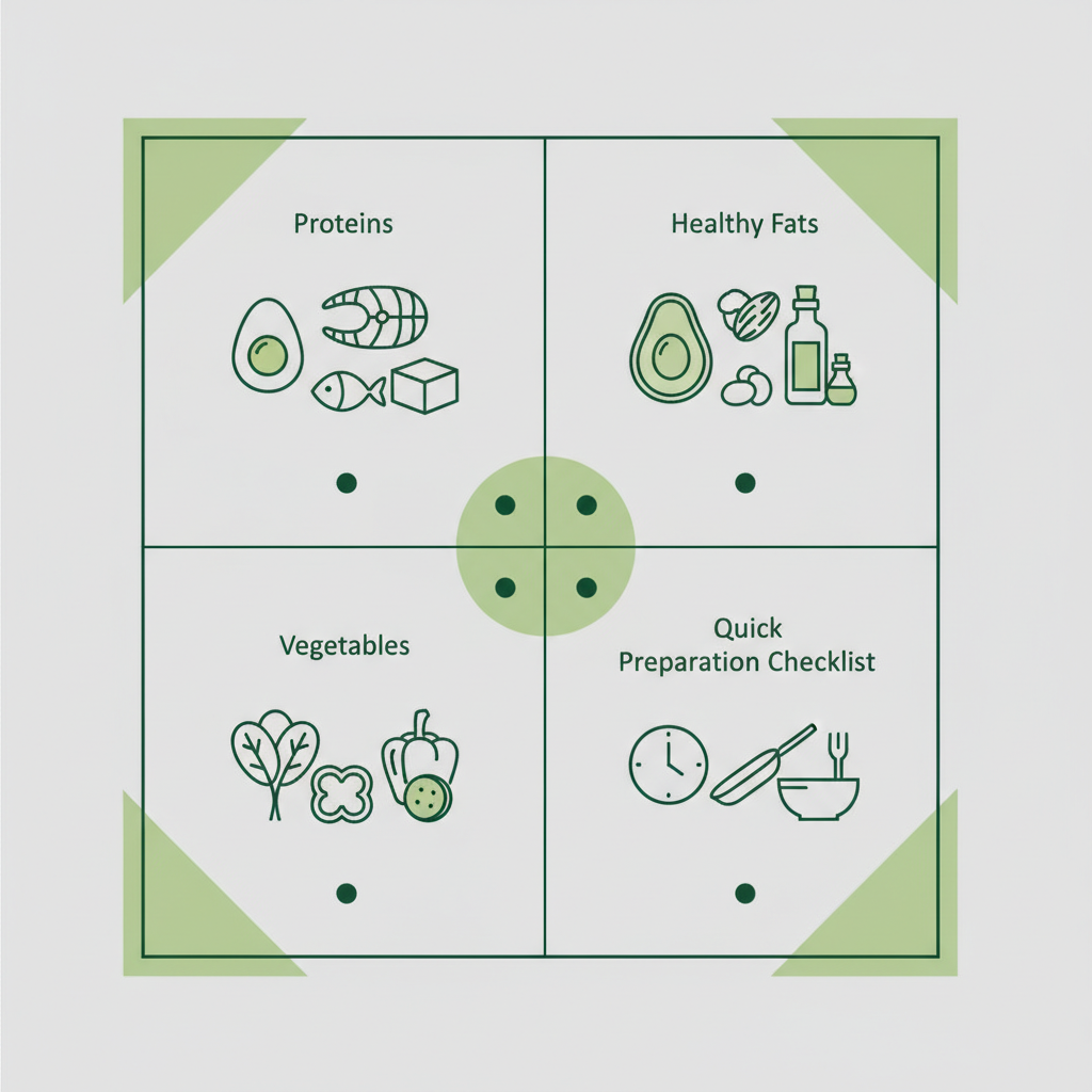 Vektor-Infografik zu Was macht abends satt ohne Kohlenhydrate? Icons für Eiweiß, gesunde Fette, Gemüse und schnelle Zubereitung, minimalistisches Layout in Markenfarben.