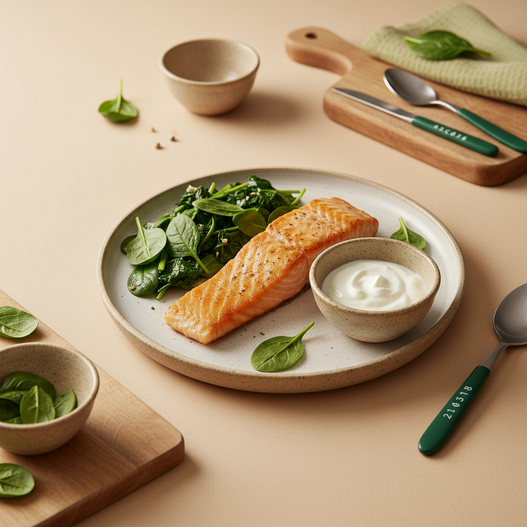 Was macht abends satt ohne Kohlenhydrate? Teller mit gebratenem Lachs, sautiertem Blattgemüse und Joghurt-Dip vor #dbdbcf-Hintergrund, minimalistisch, warme Lichtstimmung.