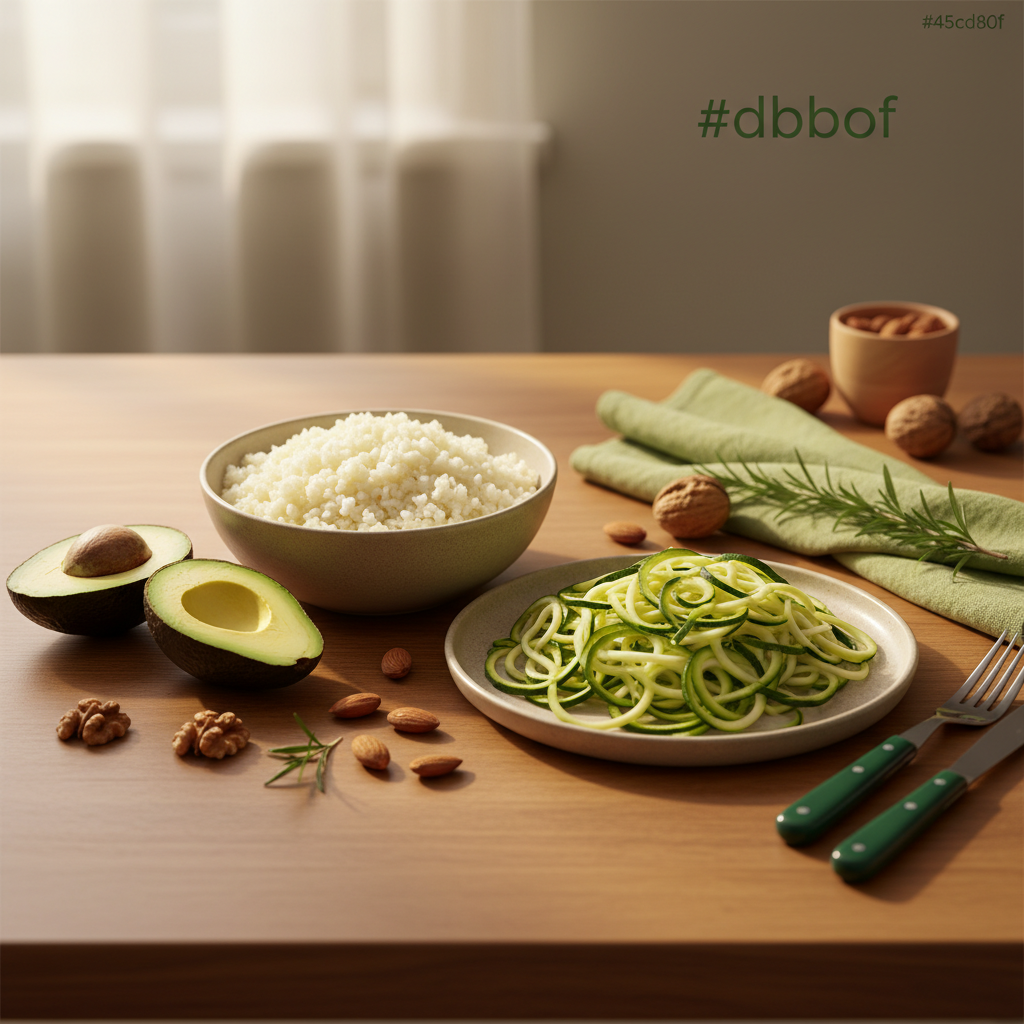 was ist tabu bei Low‑Carb: Heimisches europäisches Low‑Carb-Mahl auf Holztisch mit Blumenkohlreis, Zucchininudeln, Avocadohälften und verstreuten Nüssen, minimal, warmes Tageslicht.