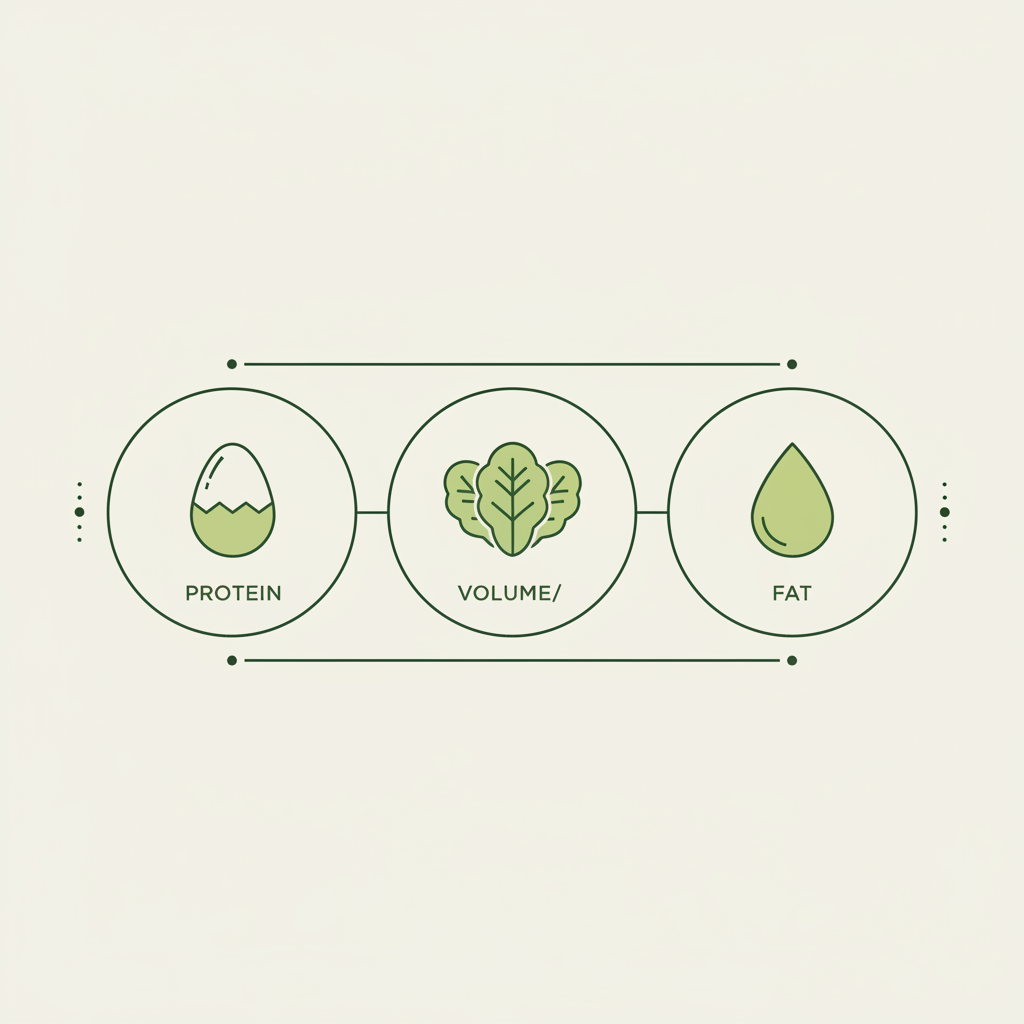 Minimalistische 2D-Vektor-Infografik mit drei Säulen: Protein, Volumen (Gemüse) und Fett in Markenfarben, Low‑Carb-freundlich und sehr aufgeräumt.