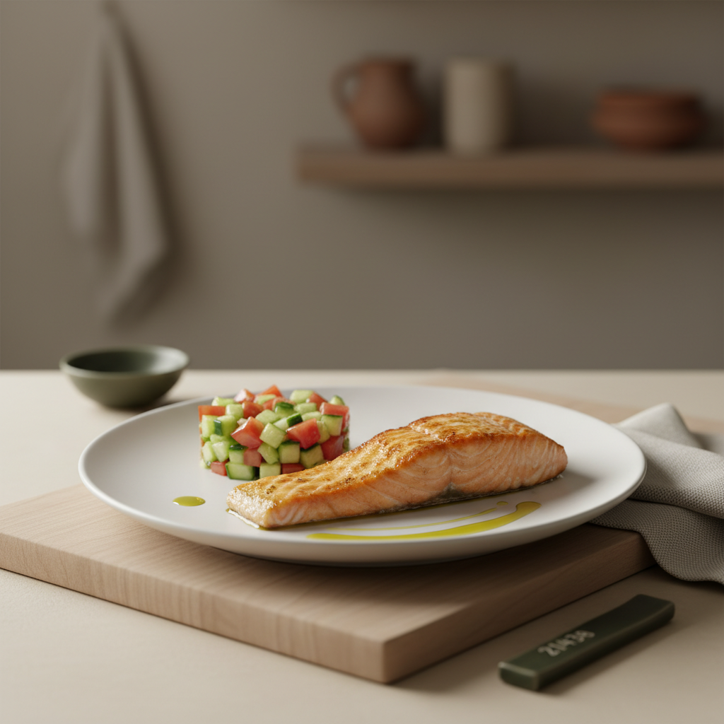 Low‑Carb Teller mit gegrilltem Lachs, Gurken-Tomaten-Salat und leichtem Olivenöl-Drizzle auf minimalistischem, warmem Küchentisch