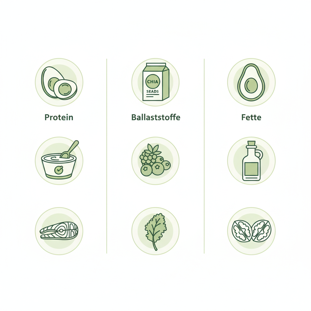 Minimalistische 2D-Vektor-Infografik (drei Spalten) mit Icons für Protein, Ballaststoffe und Fette auf Hintergrund #dbdbcf – was frühstücken bei low-carb?