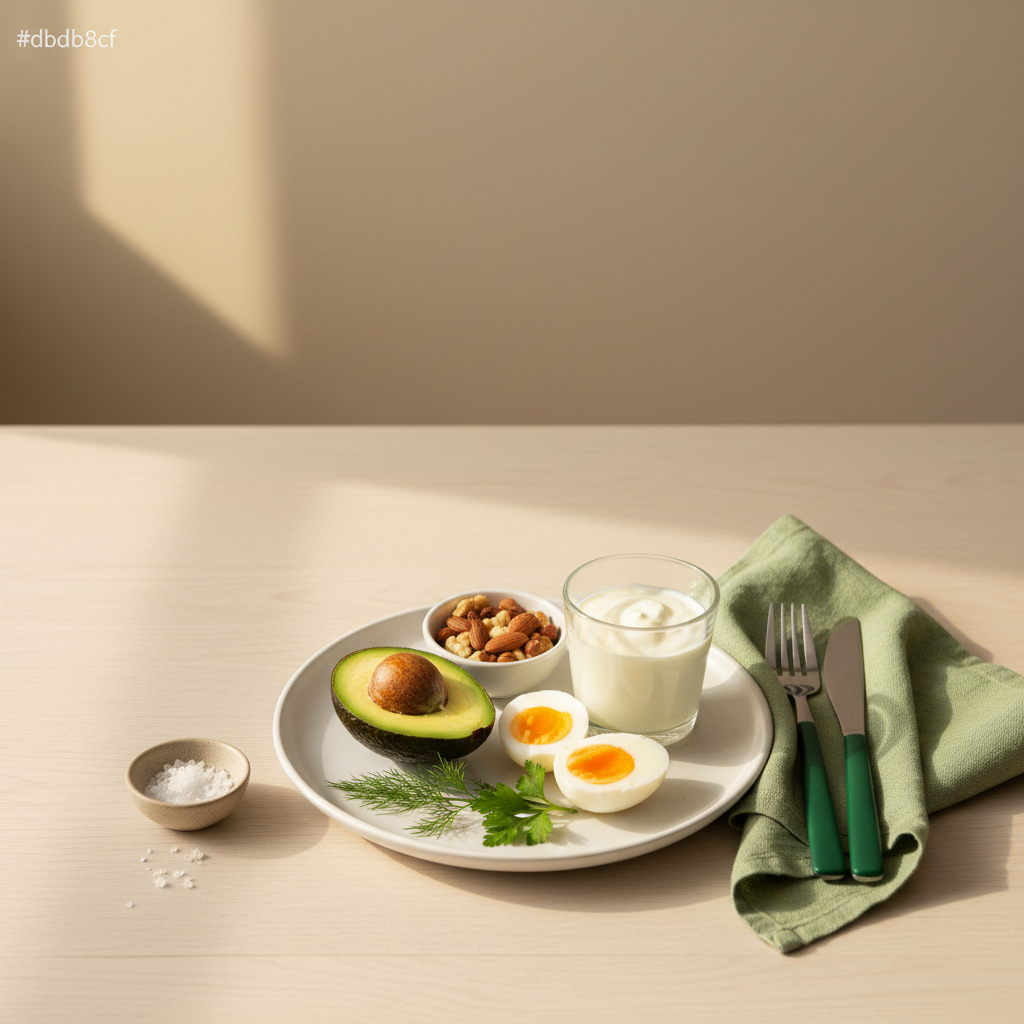 was frühstücken bei low-carb? Realistisches, heimeliges Frühstückstableau mit Avocado, weich gekochten Eiern, Joghurt, Nüssen und frischen Kräutern auf minimalistischem #dbdbcf Hintergrund, dezente Akzente #a5cd8d.