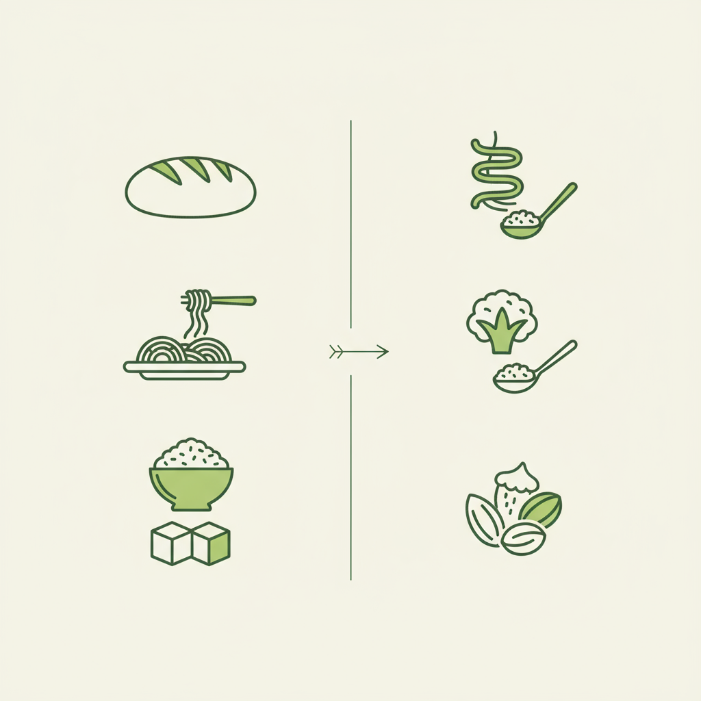 Minimalistische 2D-Vektorinfografik: klassische Kohlenhydrate (Brot, Pasta, Reis, Zucker) links und low carb-Alternativen (Zucchini, Blumenkohl, Nüsse) rechts.