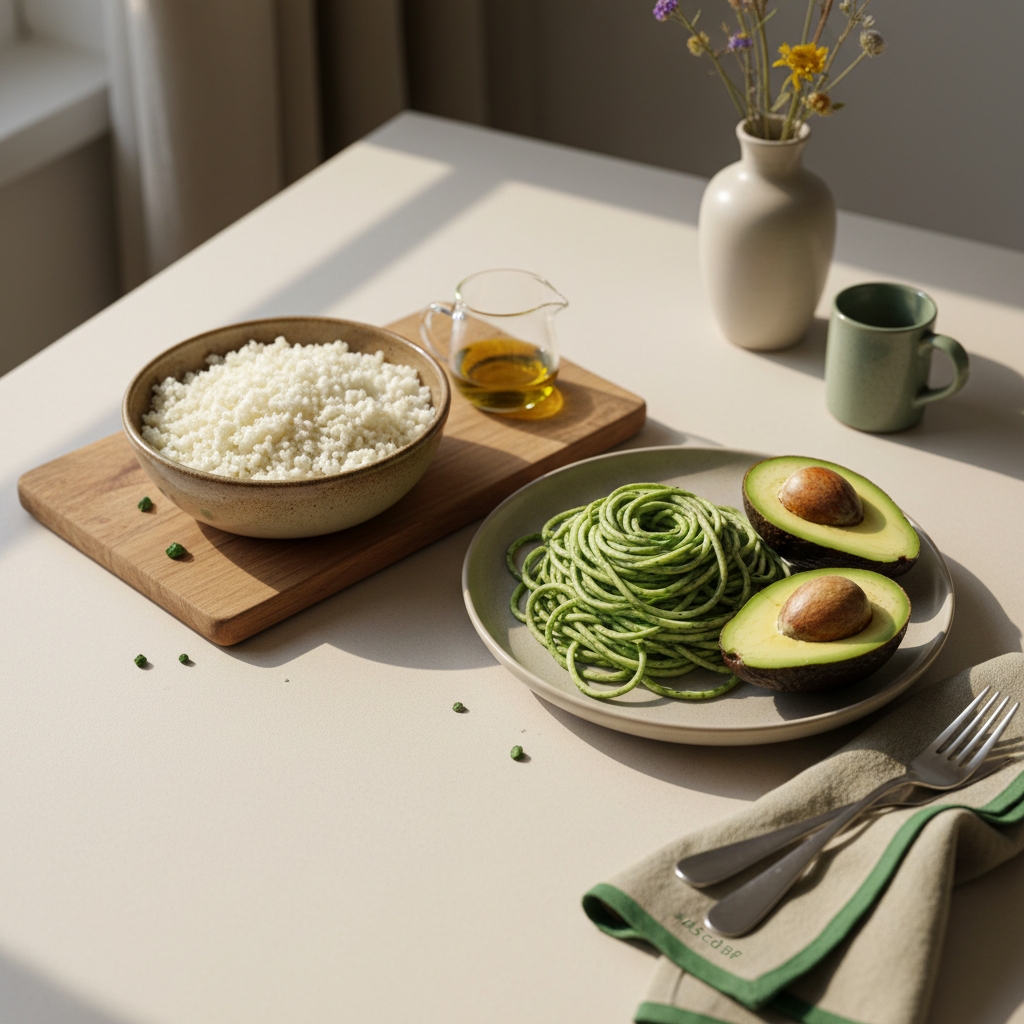 Nahaufnahme eines gedeckten Esstisches mit low carb-gerichten: Blumenkohlreis in Schale, Zoodles, Avocadohälften und Glas Olivenöl, warmes Licht, minimalistisches Stillleben