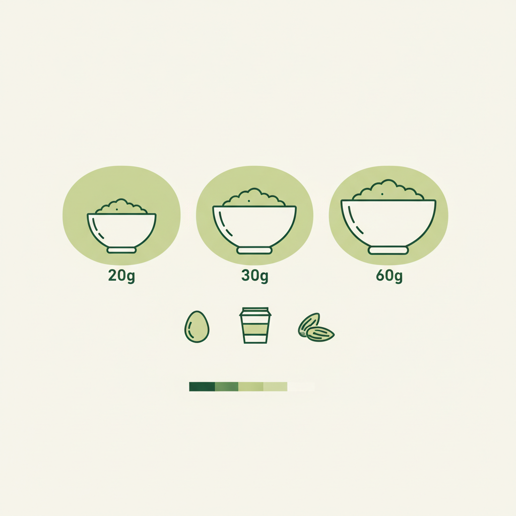 Minimalistische 2D-Vektorinfografik zu Haferflocken low carb mit drei Schalen als Portionsvisualisierung (20g/30g/60g), Protein-Icons (Ei, Joghurt, Nüsse) und kleinem glykämischem-Index-Balken im Markenstil.