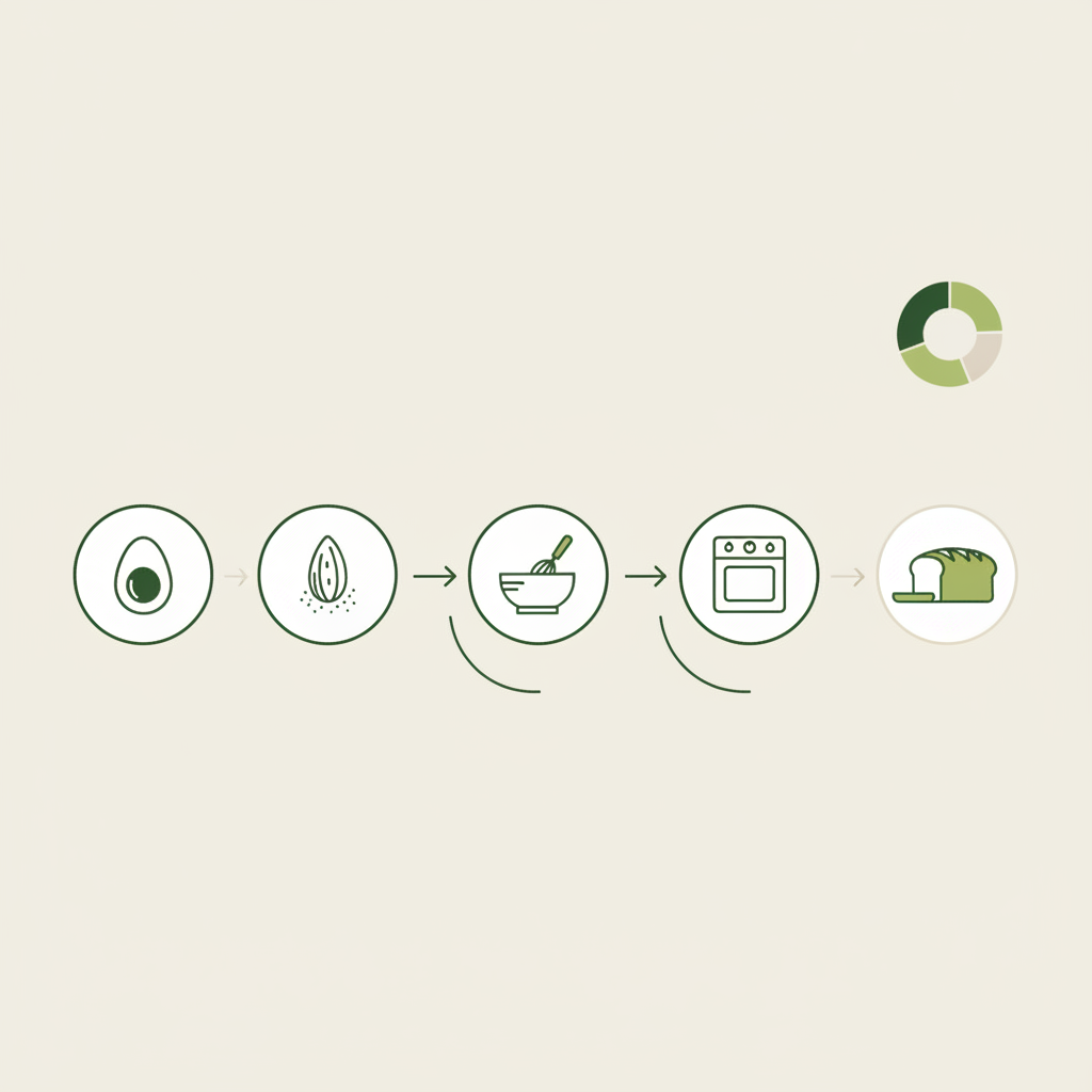 Minimalistische 2D-Vektor-Infografik zum Thema Brot ohne Kohlenhydrate mit Icons für Eier, Mandelmehl, Samen, einfachen Schritten und kleinem Makro-Diagramm