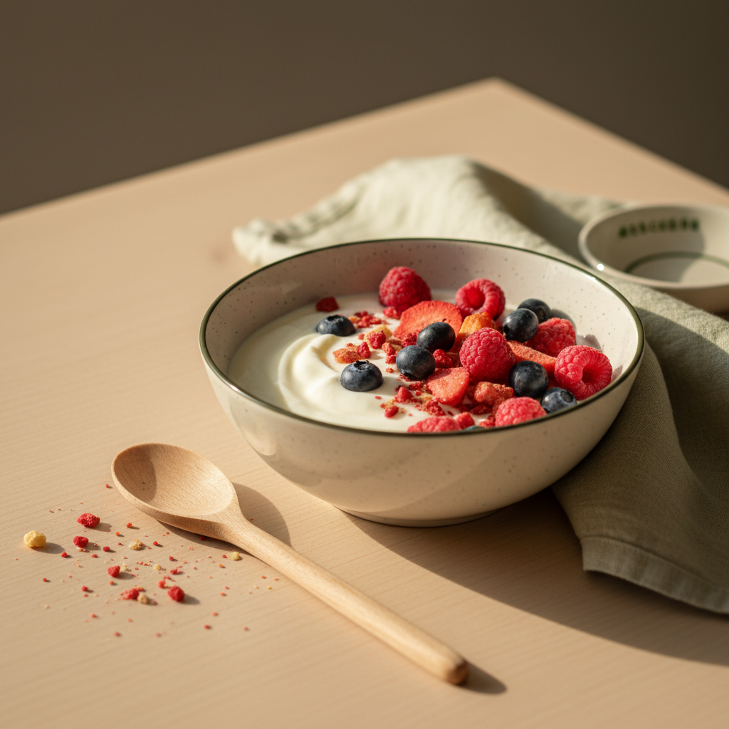 Joghurt mit bunten gefriergetrockneten Früchten, Holzlöffel und Krümel in minimalistischer europäischer Küche, Hintergrund #dbdbcf, Akzent #a5cd8d — sind gefriergetrocknete Früchte gesund