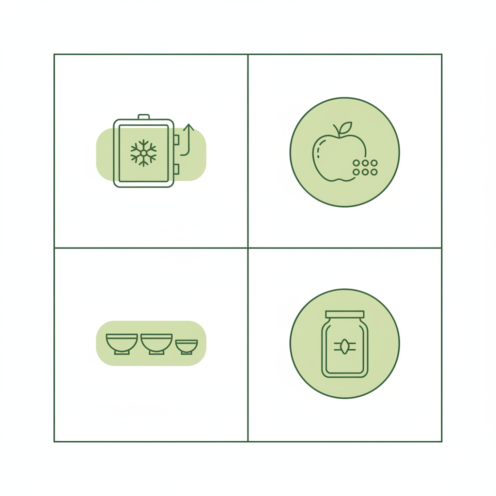 Minimalistische 2D-Vektor-Infografik mit Icons zu Gefriertrocknung, Nährstoffen, Portionen und Lagerung in Markenfarben — sind gefriergetrocknete Früchte gesund