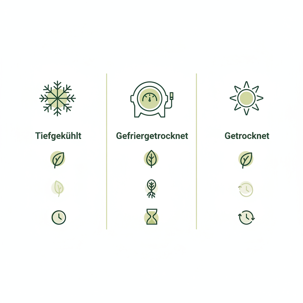 Infografik in Markenfarben zeigt drei vertikale Spalten mit Schneeflocke, Vakuumkammer und Sonne als Icons zum Vergleich — Sind gefrorene Trockenfrüchte gesund