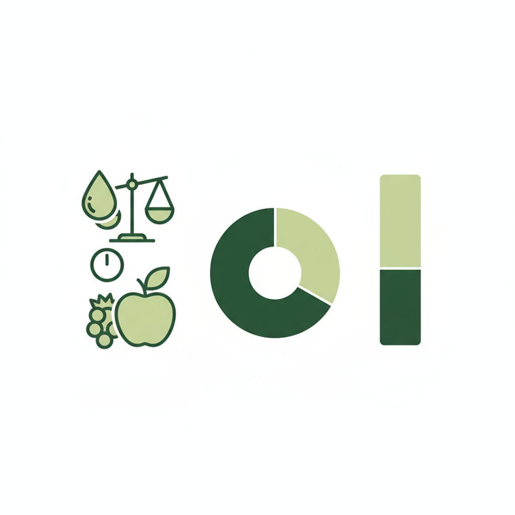 Minimalistische 2D-Vektor-Infografik mit Icons (Wassertropfen, Waage, Frucht) und visuellen Diagrammen zu Gefriergetrocknete Früchte Kalorien, Farbstil #dbdbcf/#a5cd8d/#21431f