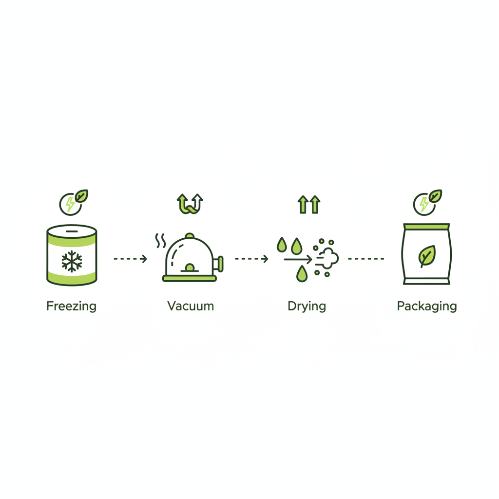 Minimalistische 2D-Vektorinfografik: gefriergetrocknetes Obst mit Icons für Einfrieren, Vakuum, Trocknung, Energieeffizienz und Verpackung in Schnell Lecker Farben.
