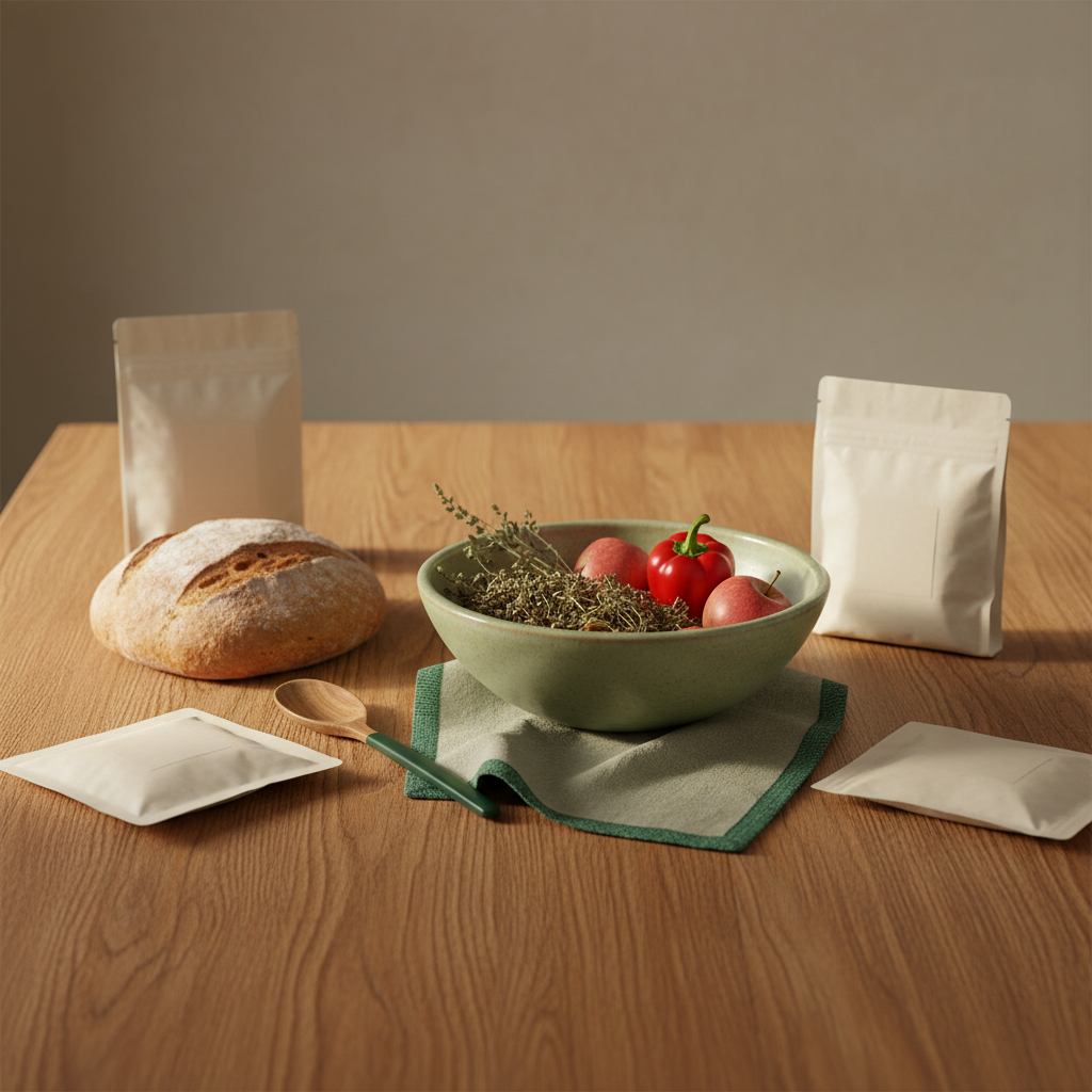 Nahaufnahme: gefriergetrocknetes Obst in neutralen Packungen und einer Schale auf Holztisch in heimischer europäischer Küche, Hintergrund #dbdbcf