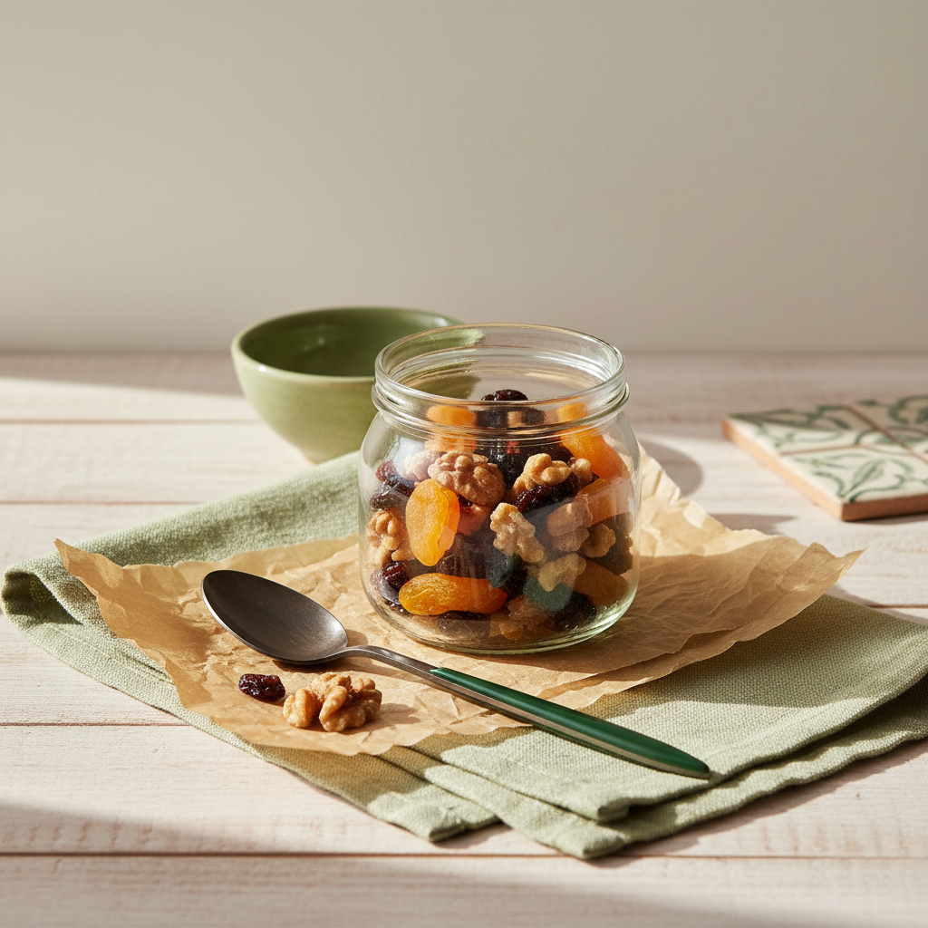 Nahaufnahme eines Gläschens mit vorportionierten Trockenfrüchten auf handgerissenem Pergament in einer minimalistischen, warmen europäischen Küche – Trockenfrüchte gesünder als Gummibärchen