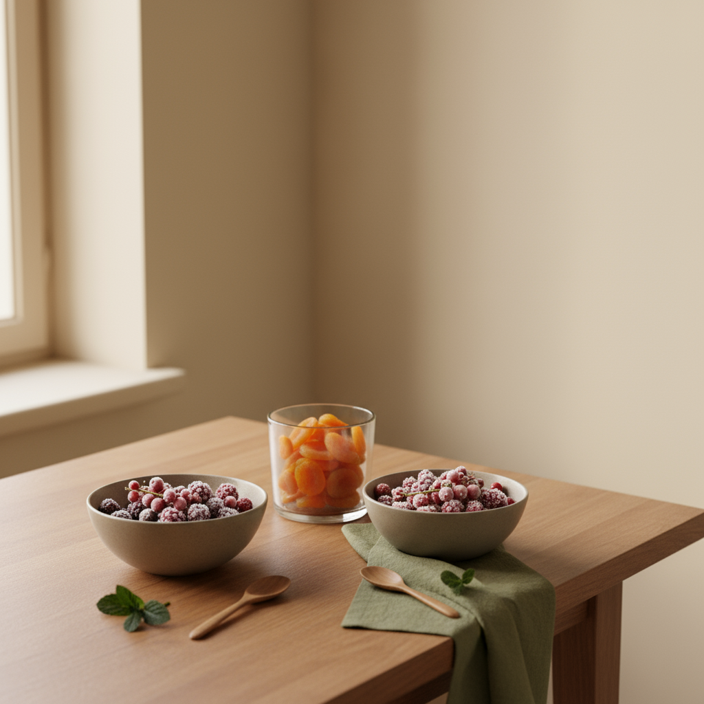 Schlichte europäische Küchenaufnahme mit Schalen gefrorenes Obst und Glas mit getrockneten Aprikosen auf Holztisch, warme natürliche Beleuchtung, Hintergrund #dbdbcf.