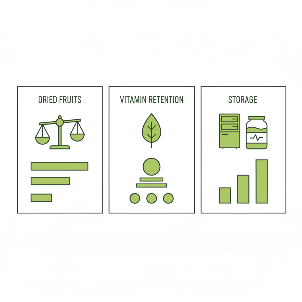 Minimalistische 2D-Vektor-Infografik in Schnell-Lecker-Farben: Vergleich trockenfruechte vs gefrorenes obst zu Kaloriendichte, Vitaminerhalt und Aufbewahrung.