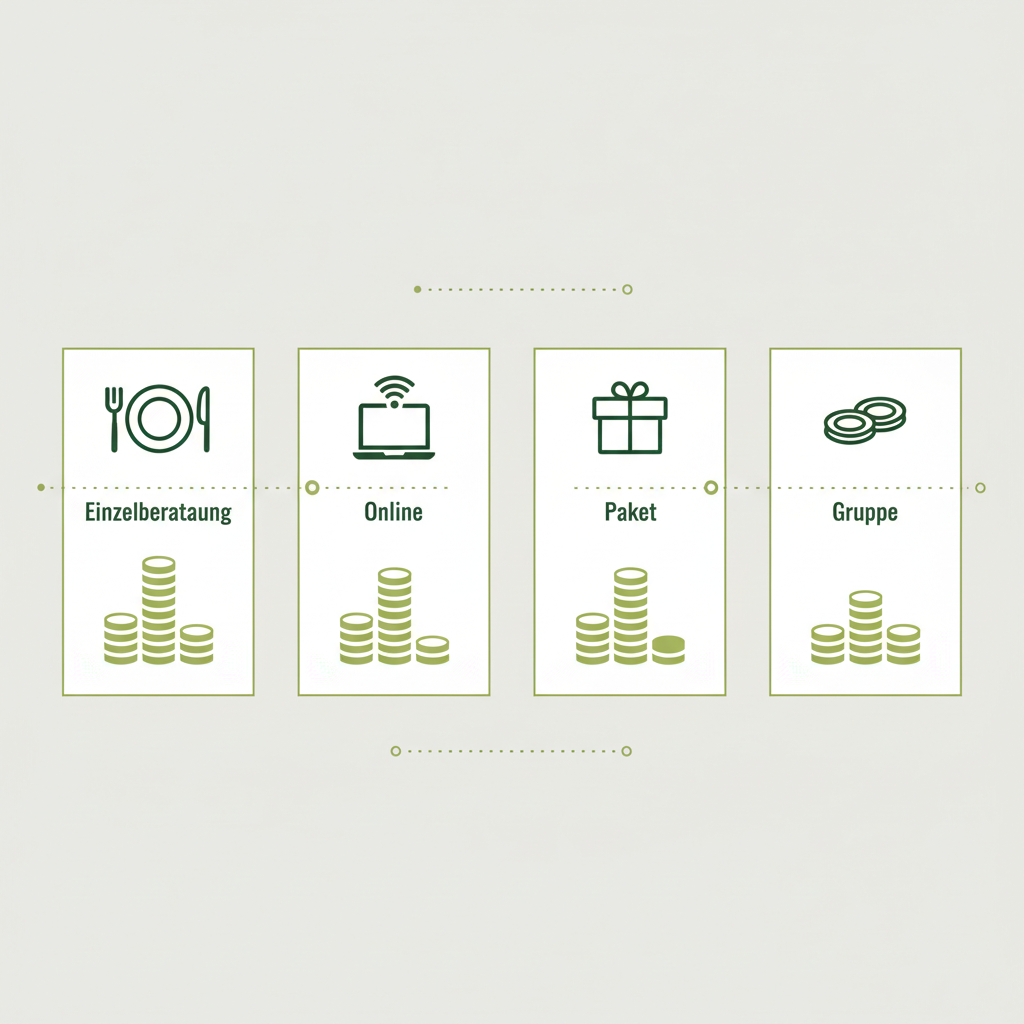 Minimalistische 2D-Vektor-Infografik in Markenfarben mit vier Icons (Einzelberatung, Online, Paket, Gruppe) und visuellen Preis-Indikatoren — Wie viel kostet ein Ernährungsberater