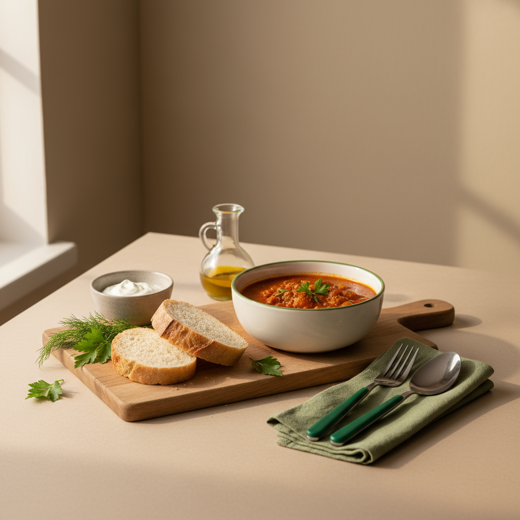 Heimische, minimalistische Küchenszene mit ungarisch/rumänischem Eintopf auf neutralem Hintergrund (#dbdbcf) und Akzenten in #a5cd8d und #21431f – Ernährungsberatung Kostenübernahme