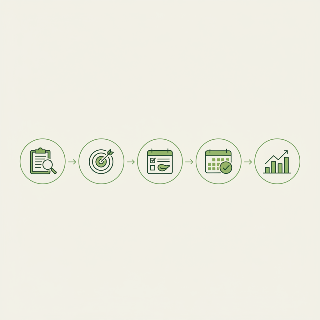 Minimalistische 2D-Vektor-Infografik mit fünf Icons (Assessment, Ziele, Plan, Follow-up, Ergebnisse) in Markenfarben, zeigt warum Ernährungsberatung sinnvoll ist.