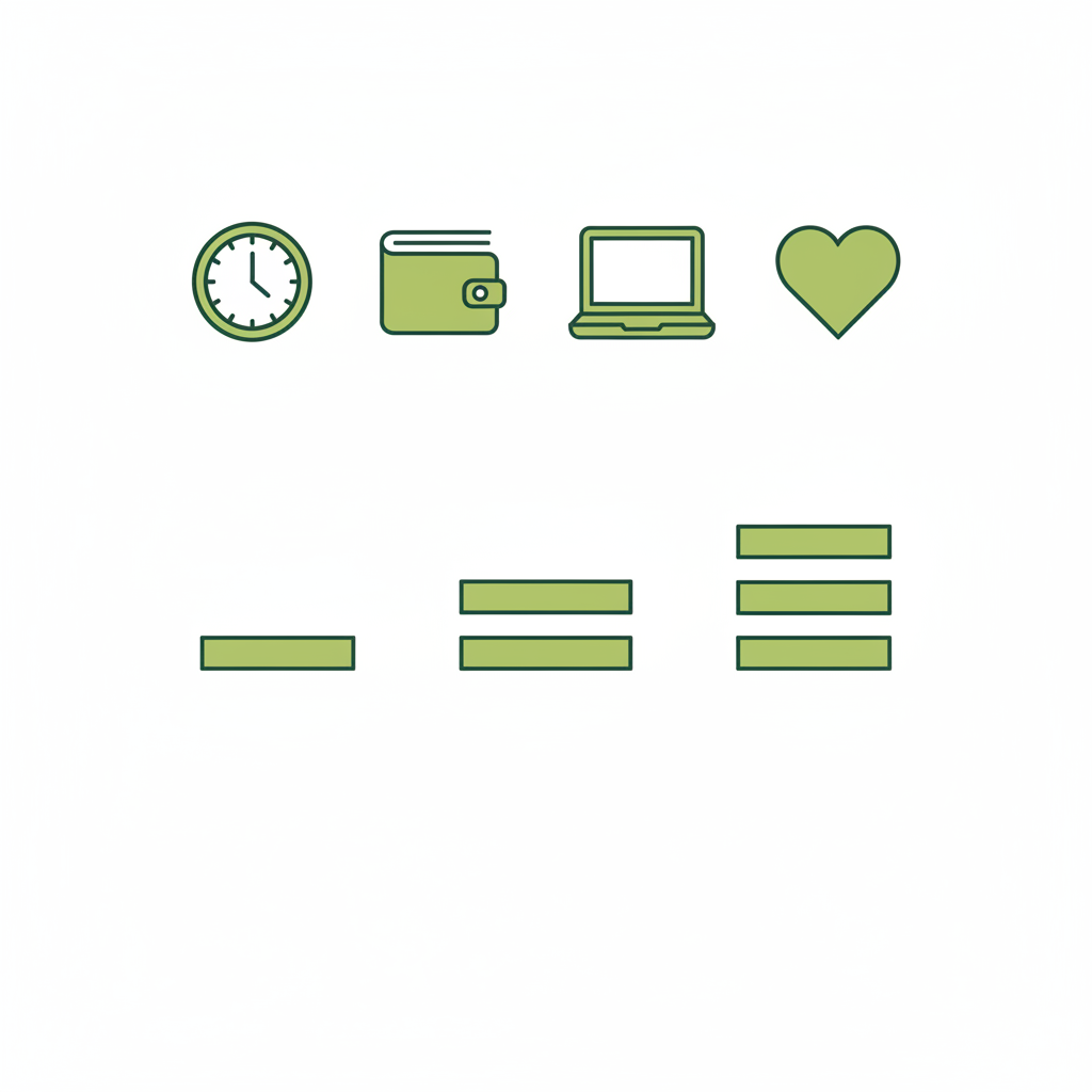 Minimalistische 2D-Vektor-Infografik mit Icons Uhr, Geldbeutel, Laptop und Herz sowie drei symbolischen Preis-Indikatoren zur Darstellung von Ernährungsberatung Kosten