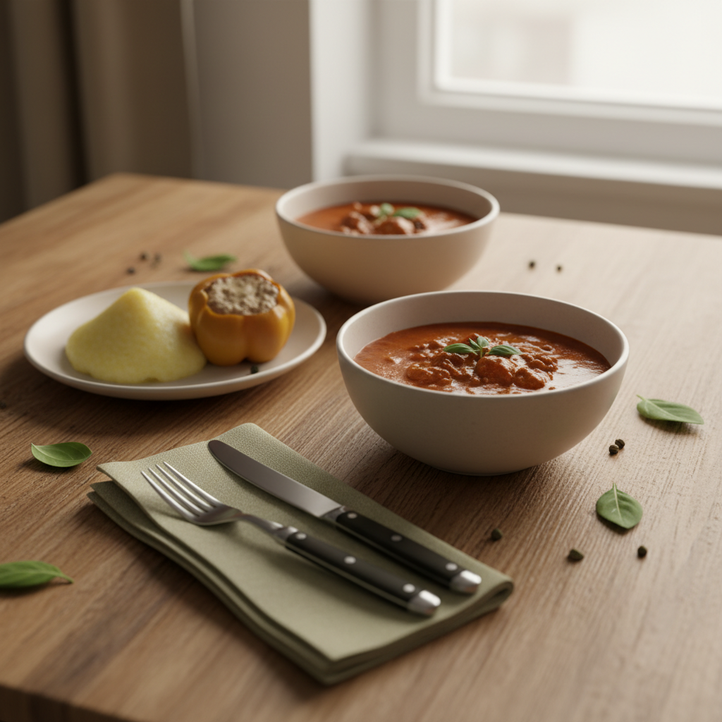 Heimeliges ungarisch-rumänisches Gericht auf rustikalem Tisch, warme Töne mit Akzenten #a5cd8d und #21431f – Ernährungsberatung Kosten