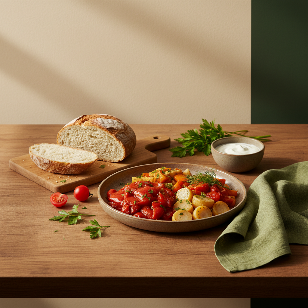 Einladend arrangierte ungarisch-rumänische Hausmannskost auf Holztisch mit einfachen Keramiken, frischen Kräutern und grünen Markenakzenten — Ernährungsberatung verschreiben