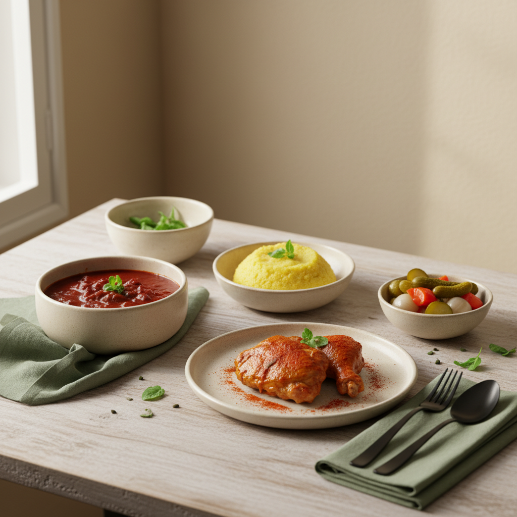 Ernährungsberatung: Vollbildaufnahme eines minimalistischen, warmen europäischen Tisches mit ungarischen und rumänischen Gerichten vor pastellbeigem Hintergrund und grünen Akzenten.