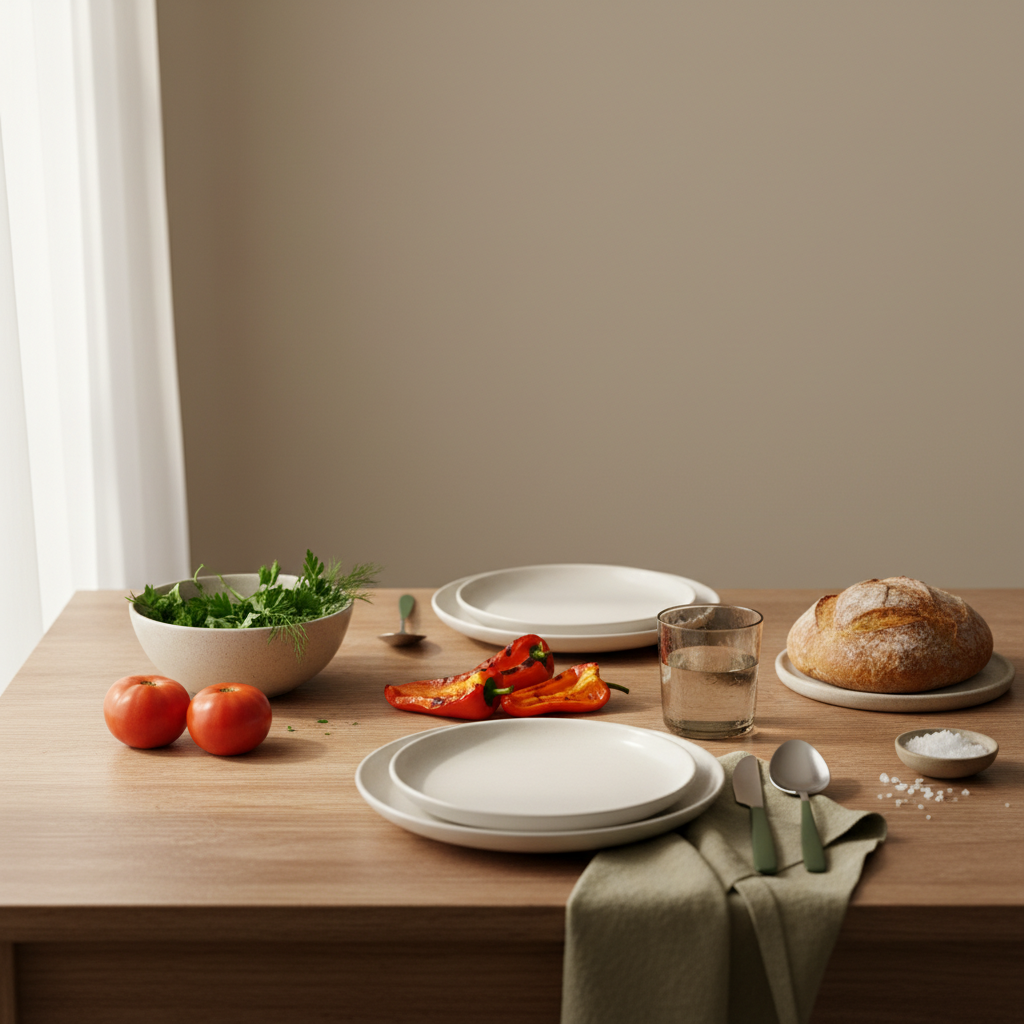Heimelige europäische Tischszene mit einfachen Tellern und Zutaten vor Hintergrund #dbdbcf, Akzente #a5cd8d – Übernimmt die Krankenkasse eine Stoffwechselanalyse