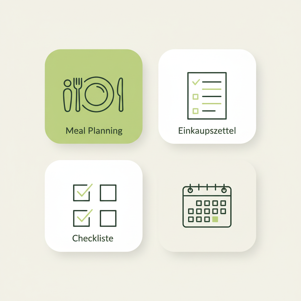 Minimalistische 2D-Vektor-Infografik mit Icons für Meal-Planning, Einkaufszettel, Checkliste und Kalender in Markenfarben, geeignet für einen registrierten Ernährungsberater.