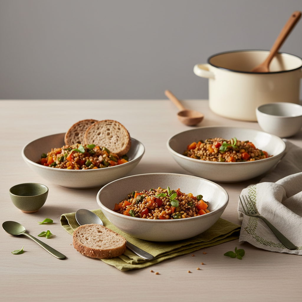 Heimische europäische Küchenszene mit zwei ready-to-eat Bowls, einfachem Geschirr und ungarischem Leinenakzent vor neutralem Hintergrund, registrierter Ernährungsberater