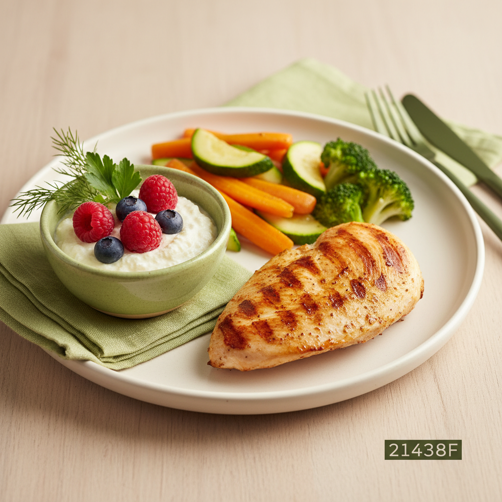 Nahaufnahme eines ausgewogenen Tellers mit gegrilltem Hähnchen, gemischtem Gemüse und Quark mit Beeren in minimalistischer Küche, Stoffwechselkur