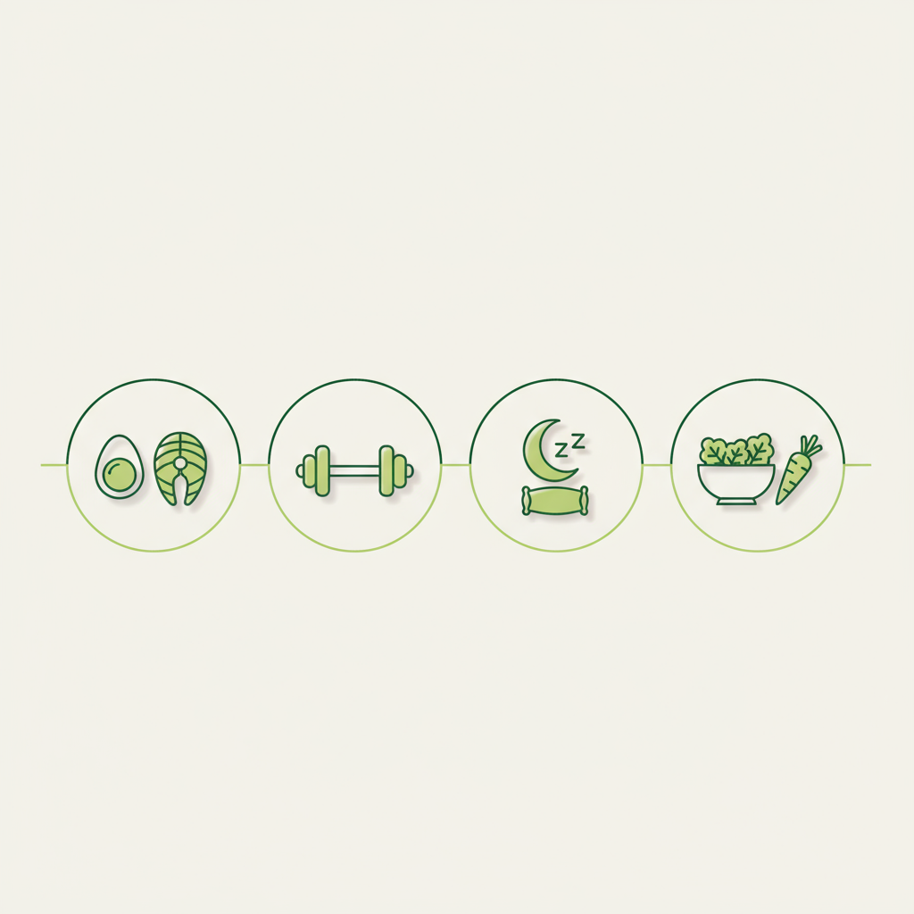 Minimalistische 2D-Vektor-Infografik mit Protein-, Hantel-, Schlaf- und Gemüse-Icons auf #dbdbcf Hintergrund – Was isst man bei einer Stoffwechsel-Diät?