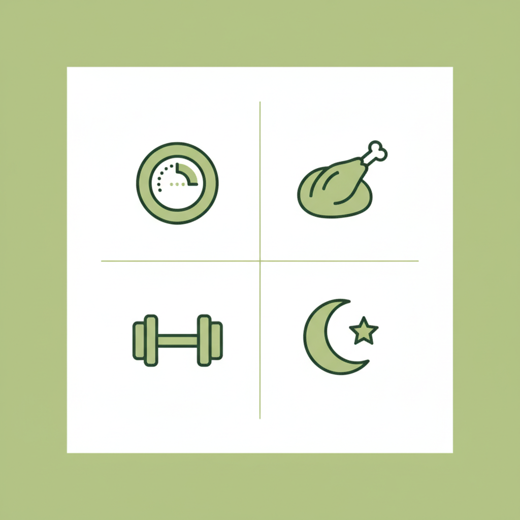 Minimalistische 2D-Infografik mit vier Vektor-Icons (Kalorien, Protein, Krafttraining, Schlaf) zur Illustration von Stoffwechsel verlangsamen im Stil von Schnell Lecker