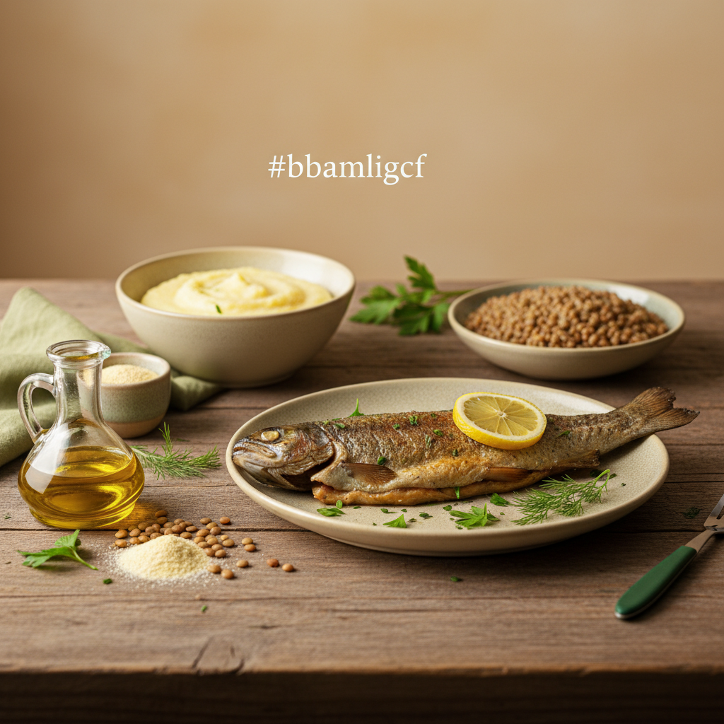 Nahaufnahme einer ungarisch-rumänischen Hausmannskost mit Polenta, Linsen und gegrilltem Fisch auf Holztisch, warme Fensterbeleuchtung, dezente Markenfarben #dbdbcf und #a5cd8d – stoffwechsel verlangsamen