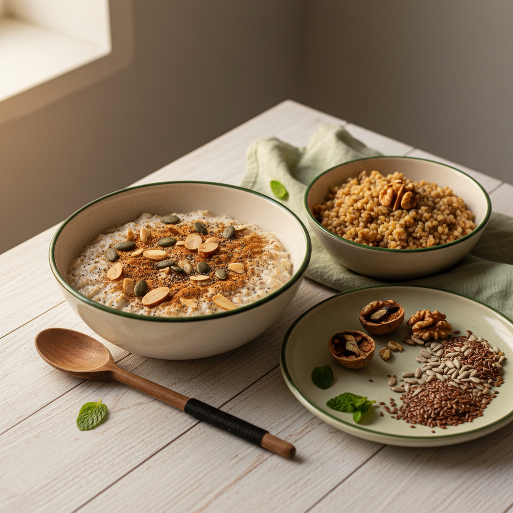 Haferflocken Stoffwechselkur: Nahaufnahme eines minimalistischen Frühstücks mit Overnight-Oats, Groats, Walnüssen und Samen vor warmem Hintergrund #dbdbcf, dezente Akzente #a5cd8d und dunkle Details #21431f