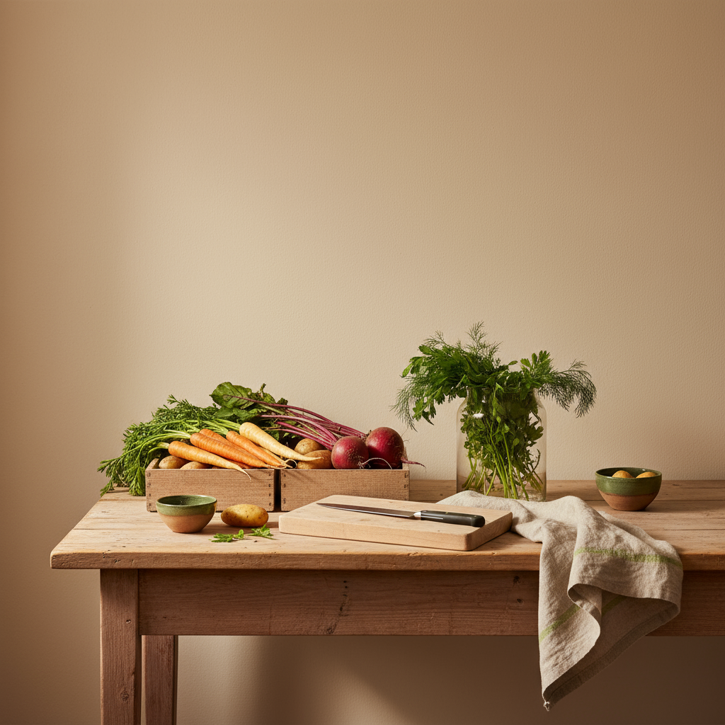 Saisonkalender Gemüse: rustikaler Holztisch mit Kisten voller Wurzelgemüse, Kräutern in Glas, Schneidebrett und Messer in warmer, minimalistischer Küchenszene