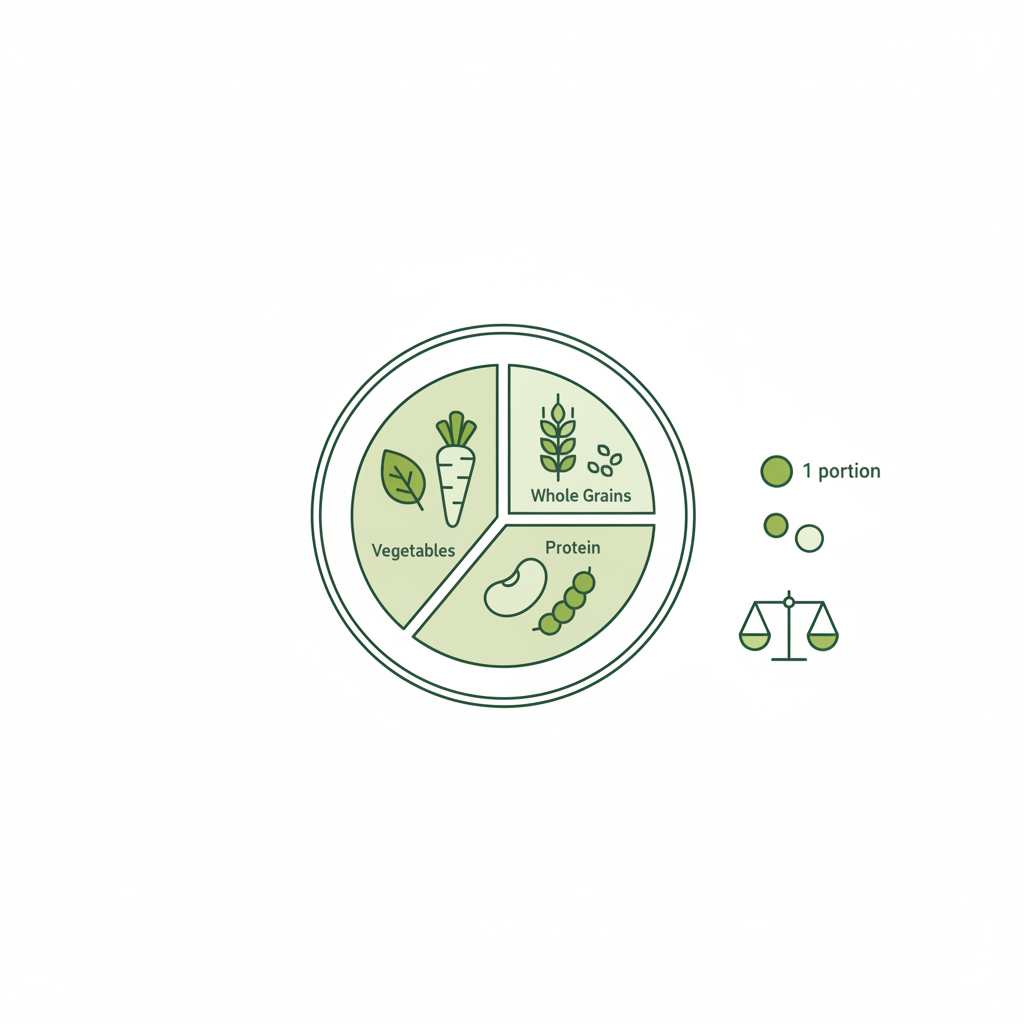 Minimalistische Vektor-Infografik eines Tellerdiagramms mit Gemüse-, Vollkorn- und Protein-Icons als Portionen, visuelle Einheitssymbole zeigen Portionengröße – Gemüse täglich essen