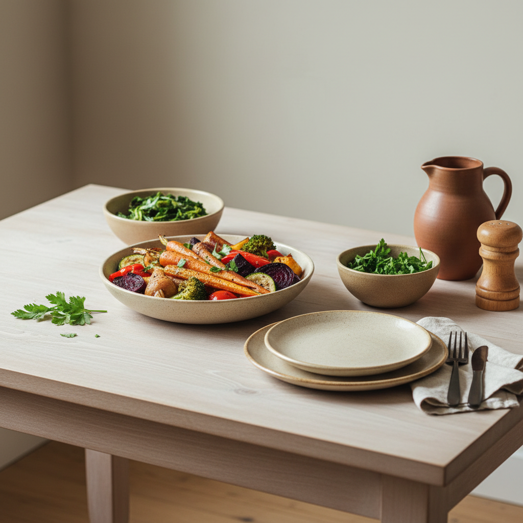 Vollbild einer warmen europäischen Küche mit Schüsseln bunter gerösteter und gedämpfter Gemüse in minimalistischem, aufgeräumtem Setting — Gemüse täglich essen