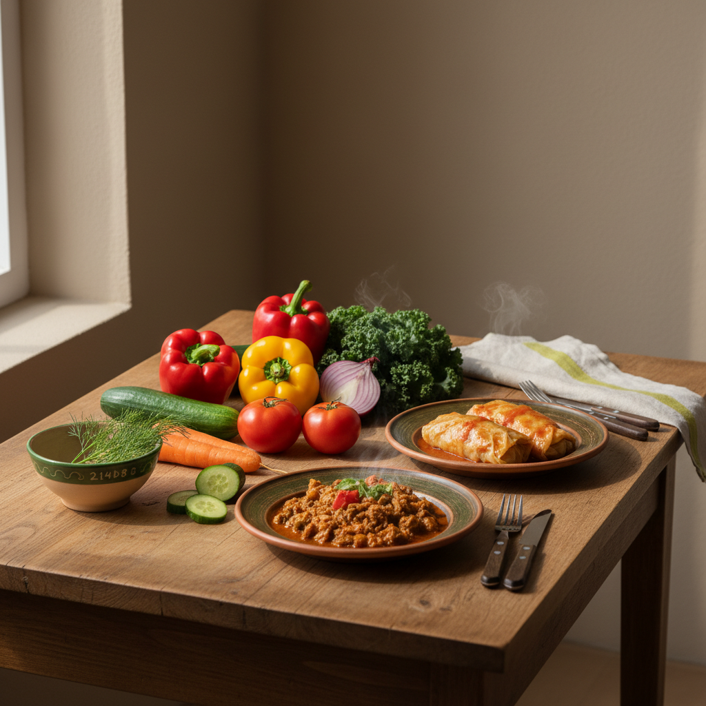 Vollformatfoto eines minimalistischen Küchentisches mit frischem Gemüse und einfachen Gerichten in warmem Licht — Welches Gemüse sollte man jeden Tag essen?