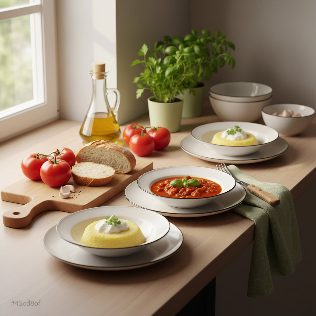 Heimelige, minimalistische europäische Küche mit Tomaten, Olivenöl und frischen Kräutern auf #dbdbcf Hintergrund, dezente #a5cd8d Akzente, klare Komposition — 21-Tage-Kur