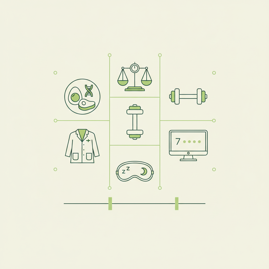 Minimalistische 2D-Vektor-Infografik zur Stoffwechselkur mit Icons für Protein, Waage, Hantel, Schlafmaske, Arztkittel, Monitor mit sieben Punkten und 7–14-Tage-Timeline