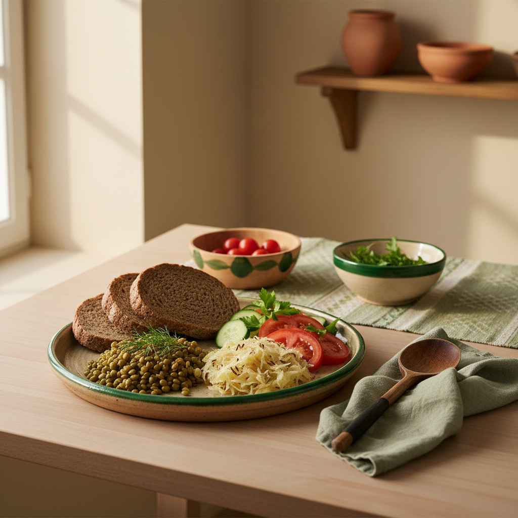 Minimalistische europäische Küchenszene mit Vollkorn, Hülsenfrüchten, fermentierter Beilage und frischem Gemüse in warmem, sauberem Layout – Darmflora wieder aufbauen