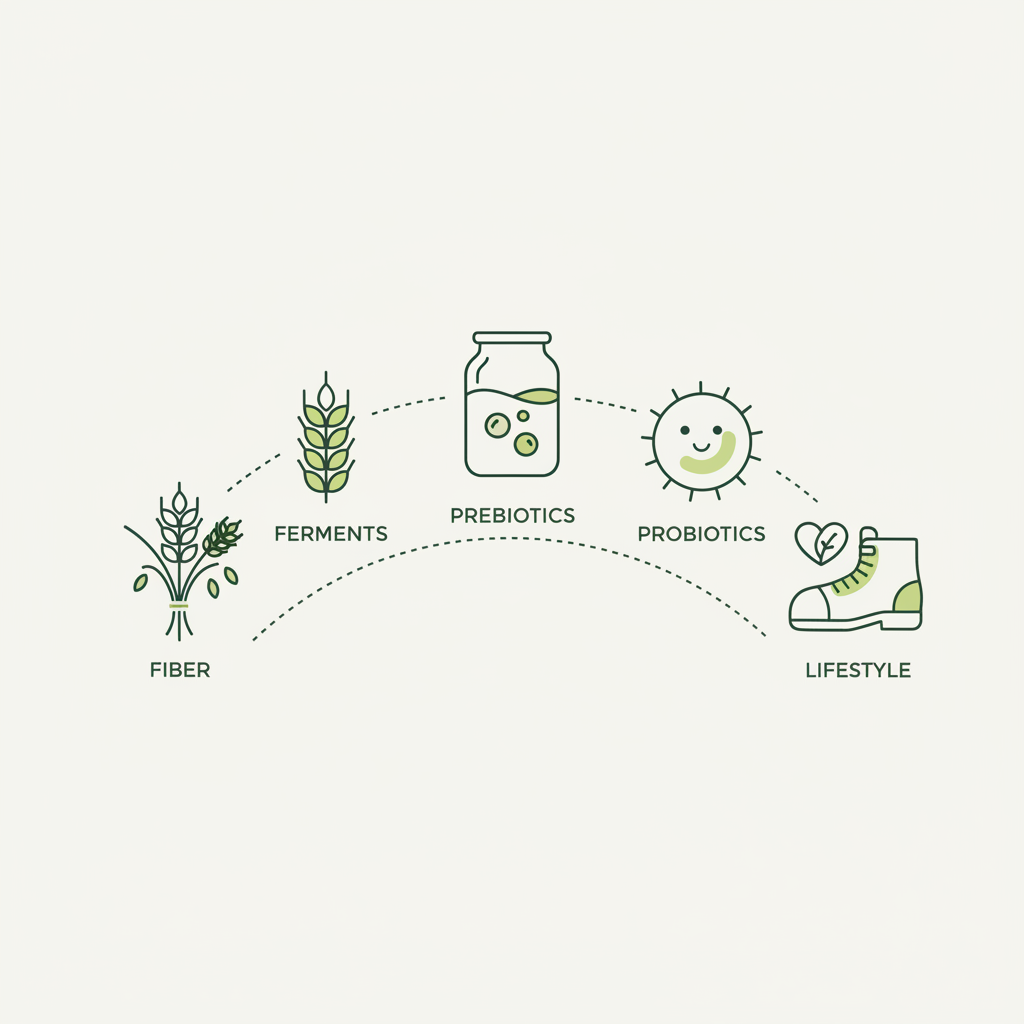 Minimalistische Vektor-Infografik mit fünf Icons (Ballaststoffe, Fermente, Präbiotika, Probiotika, Lebensstil) in Markenfarben – Darmflora wieder aufbauen