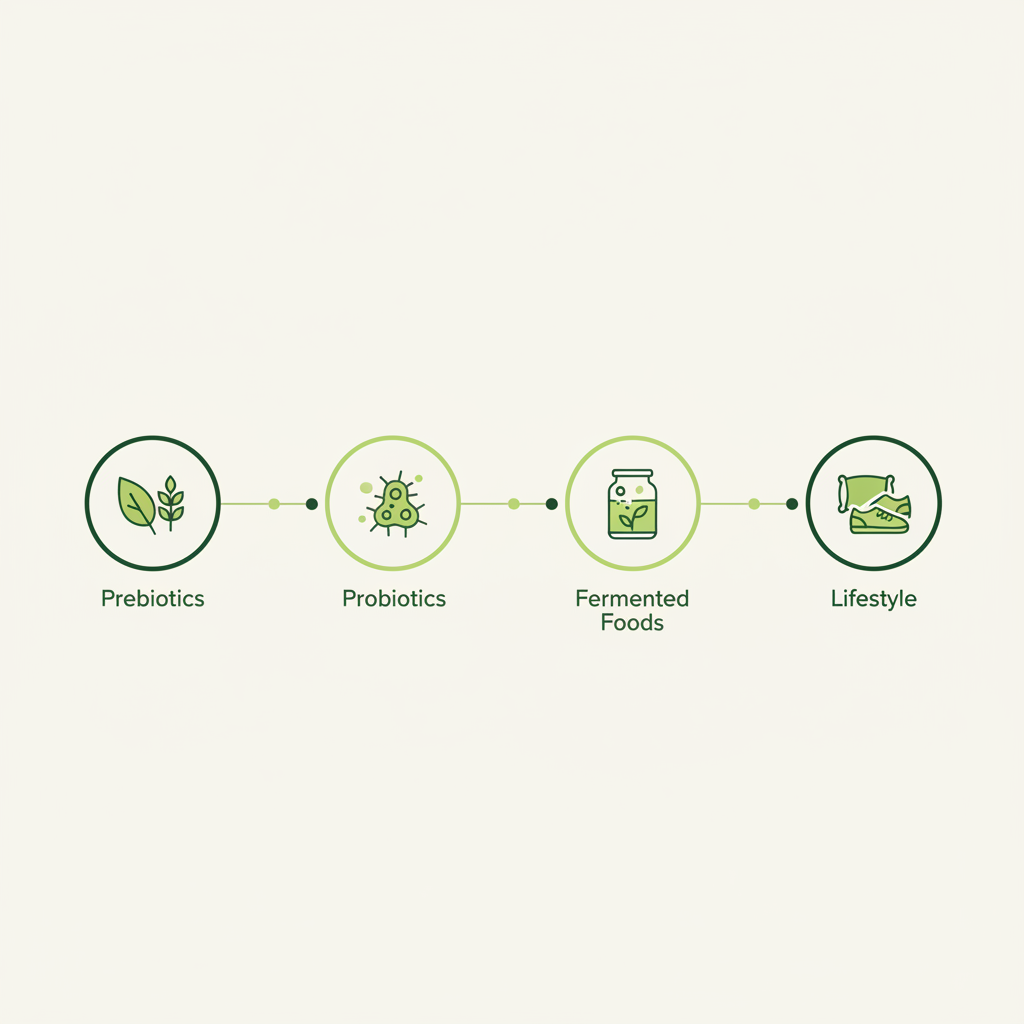 Minimalistische 2D-Vektor-Infografik zum Darmaufbau: vierteiliger Zeitstrahl mit Icons für Prebiotika, Probiotika, fermentierte Lebensmittel und Lebensstil