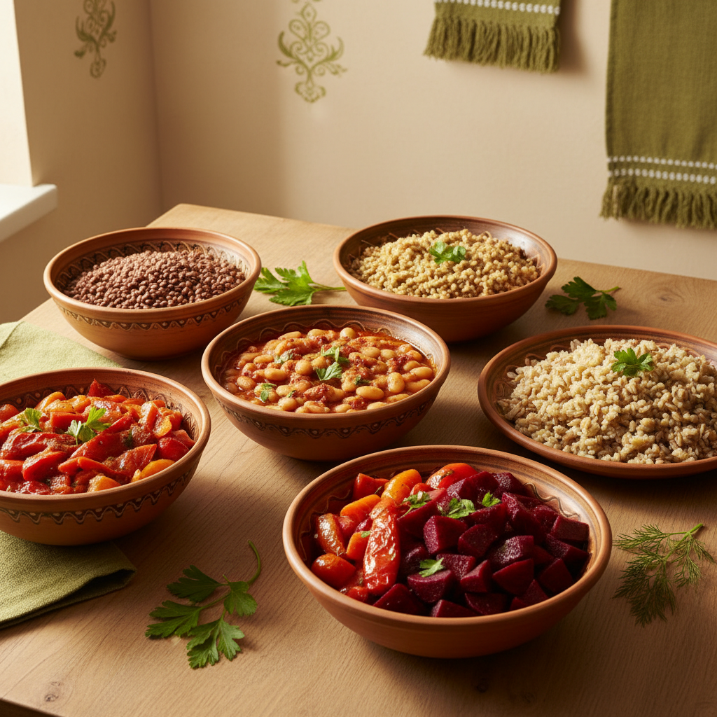 Heimisches, realistisches Essen: Schalen mit Hülsenfrüchten, geröstetem Gemüse und Vollkorn auf minimalistischem #dbdbcf Hintergrund, dezente #a5cd8d Akzente – Darmflora wiederaufbauen Dauer