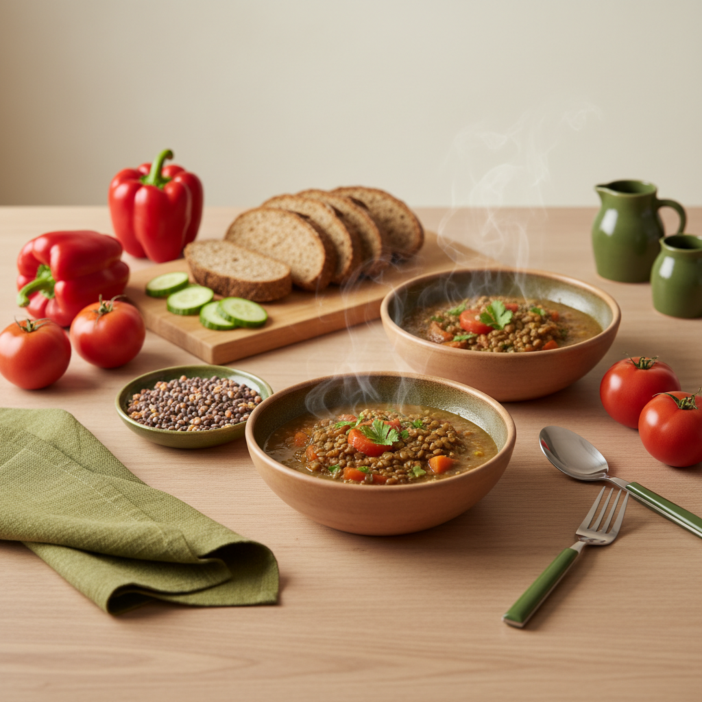 Minimalistische Aufnahme: Linseneintopf, geröstetes Gemüse und Vollkornbrot auf Holz­tisch, ungarisch-rumänische Hausmannskost für eine gesunde Darmflora.
