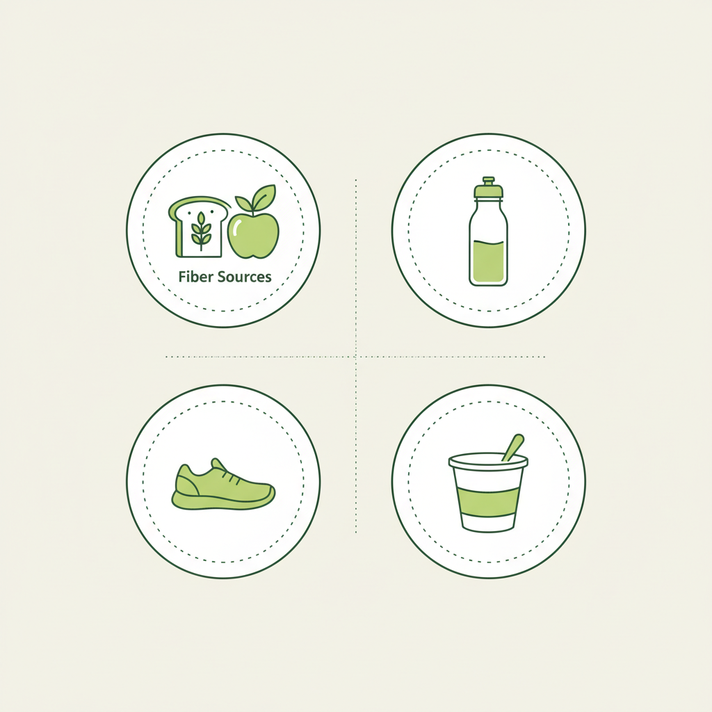 Minimalistische Vektor-Infografik zur Darmaktivität fördern mit Icons für ballaststoffreiche Lebensmittel, Wasserflasche, Laufschuhe und Joghurt in Schnell Lecker Farben.