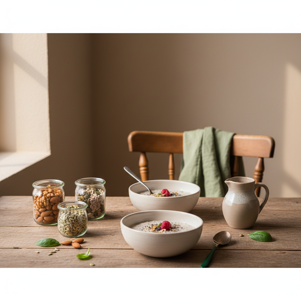 Heimelige, minimalistische Küchenaufnahme: rustikaler Holztisch mit zwei Schalen ketogener Haferflocken, Gläser mit Nüssen und Samen, warmes Tageslicht — Haferflocken ketogen