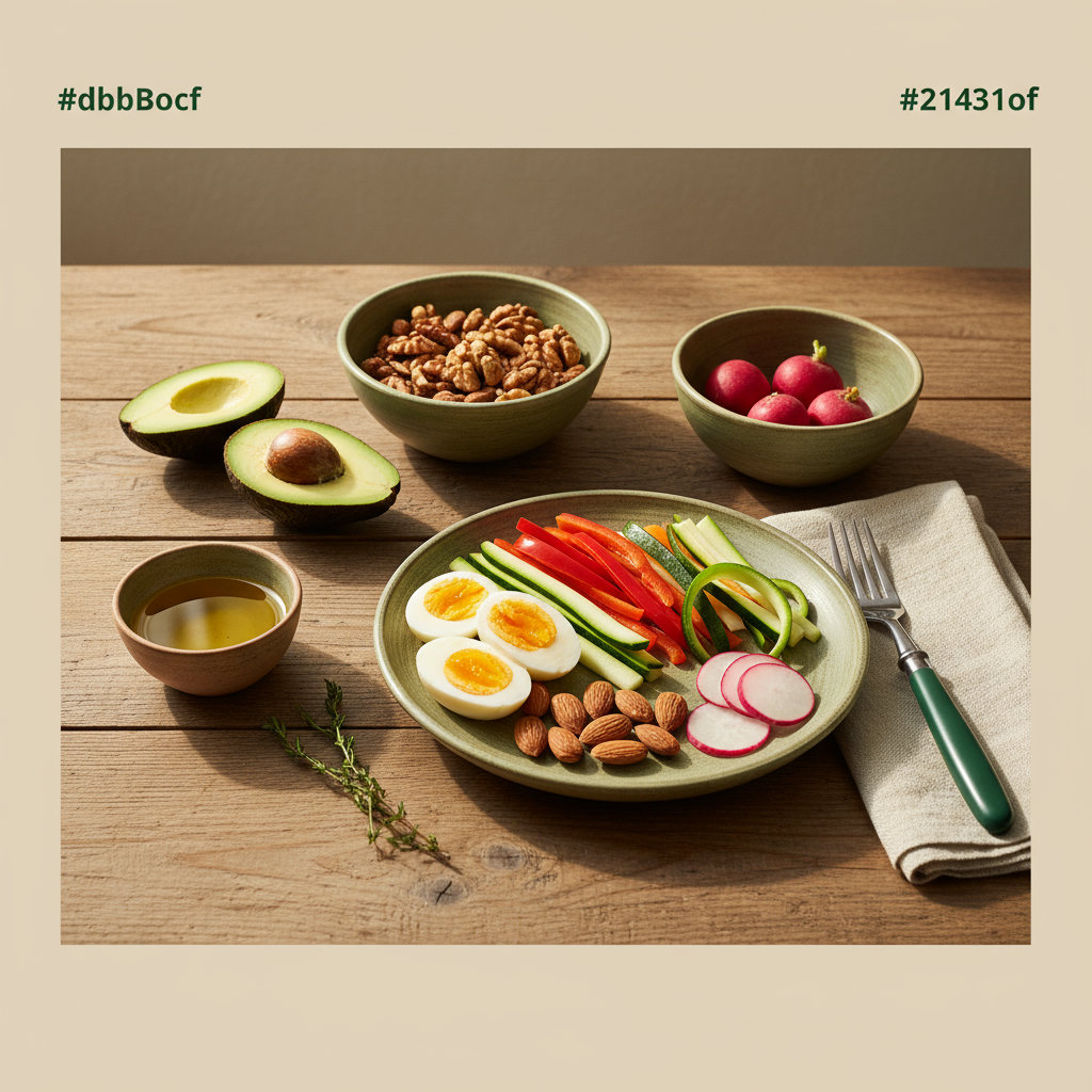 Heimisches Full‑Frame-Tischarrangement mit ketogene Ernährung Zutaten: Avocado, Olivenöl, Eier, Nüsse und niedrig‑kohlenhydratiges Gemüse, warmes Licht.