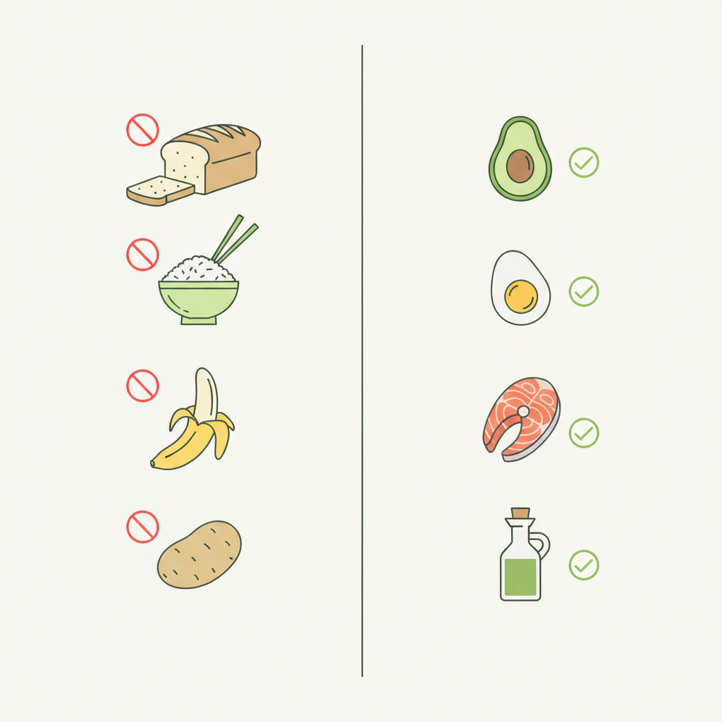 Minimalistische 2D-Vektor-Infografik: links Lebensmittel, die Ketose stoppen (Kreis-Strich-Symbol), rechts ketofreundliche Lebensmittel mit grünen Akzenten, Hintergrund #dbdbcf.